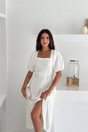 Neşeli butik kadın balon kol kare yaka yazlık elbise NBK4245