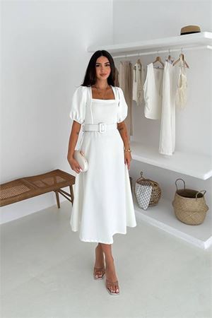 Neşeli butik kadın balon kol kare yaka yazlık elbise NBK4245