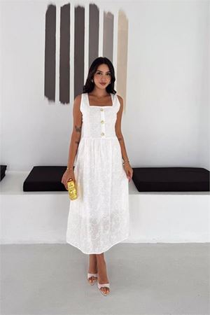 Neşeli butik kadın beyaz fisto işlemeli düğme detaylı midi boy kare yaka elbise NBK4644