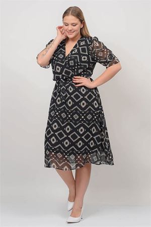 Neşeli butik kadın kruvaze yaka midi boy büyük beden desenli şifon elbise NB80622