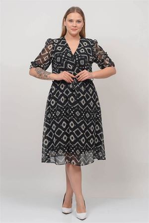Neşeli butik kadın kruvaze yaka midi boy büyük beden desenli şifon elbise NB80622