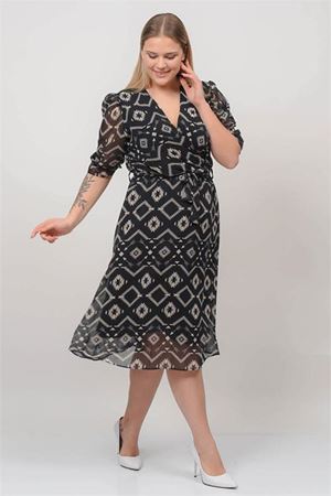 Neşeli butik kadın kruvaze yaka midi boy büyük beden desenli şifon elbise NB80622