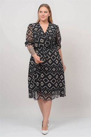 Neşeli butik kadın kruvaze yaka midi boy büyük beden desenli şifon elbise NB80622