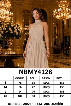 Neşeli butik kadın taş rengihalter yaka janjan kumaş premium abiye elbise NBMY4128