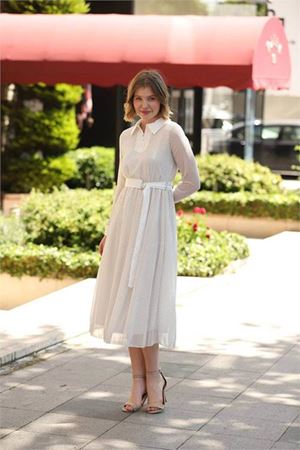Neşeli butik kadın beyaz puantiyeli gömlek yaka şifon elbise RSSN46
