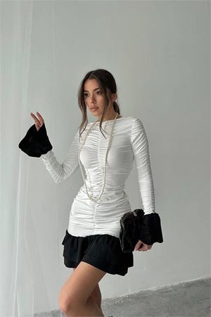 Neşeli butik kadın büzgülü bluz mini elbise NBDF024