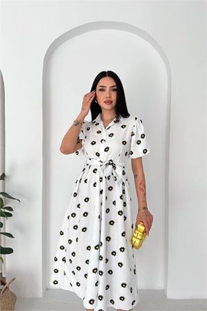 Neşeli butik kadın beyaz gömlek yaka balon kol çiçek baskılı yazlık midi elbise -----NBK4617