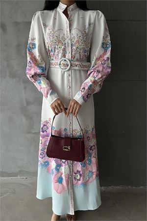 Neşeli butik kadın çiçek desenli kemerli tasarım elbise NBMS4263