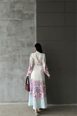 Neşeli butik kadın çiçek desenli kemerli tasarım elbise NBMS4263