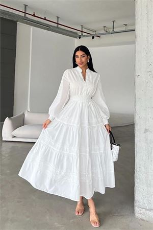 Neşeli butik kadın ithal poplin dantel detaylı tasarım elbise NBMS4255
