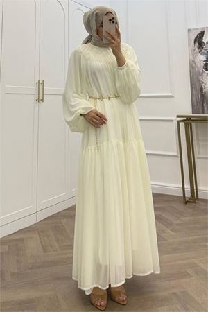 Neşeli butik kadın beyaz balon kol astarlı kuşak detaylı şifon tesettür elbise ---- NMS095