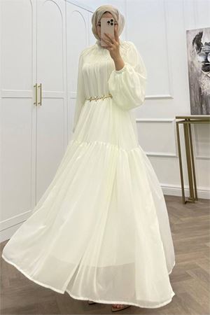 Neşeli butik kadın beyaz balon kol astarlı kuşak detaylı şifon tesettür elbise ---- NMS095