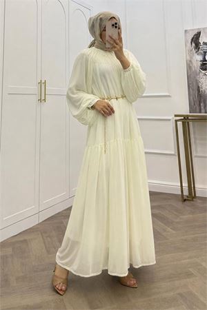 Neşeli butik kadın beyaz balon kol astarlı kuşak detaylı şifon tesettür elbise ---- NMS095