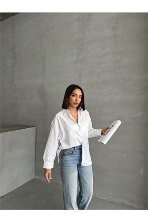Neşeli butik kadın oversize cep detaylı poplin gömlek NBG072
