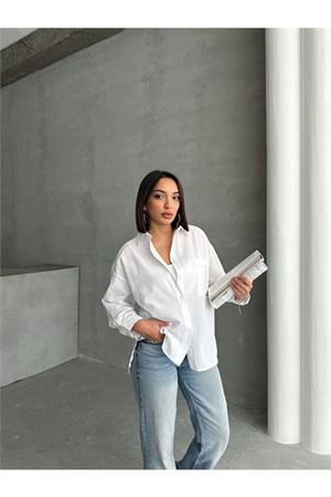 Neşeli butik kadın oversize cep detaylı poplin gömlek NBG072