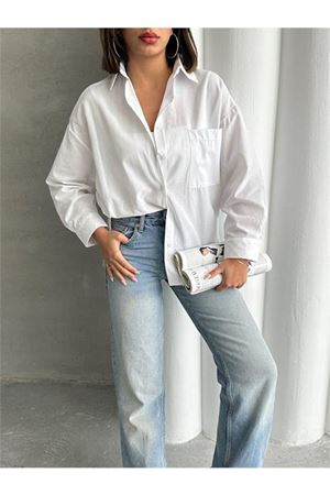 Neşeli butik kadın oversize cep detaylı poplin gömlek NBG072