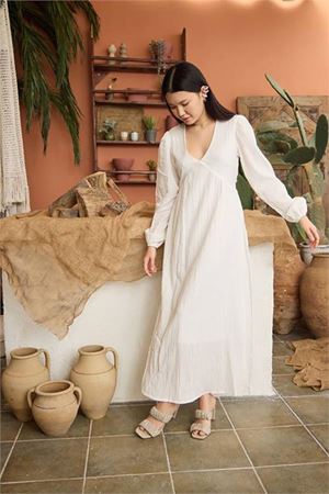 Neşeli butik kadın v yaka astarlı muslin elbise NBDM6022