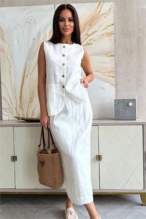 Neşeli butik kadın keten etek yelek alt üst ikili takım NBEMP1072