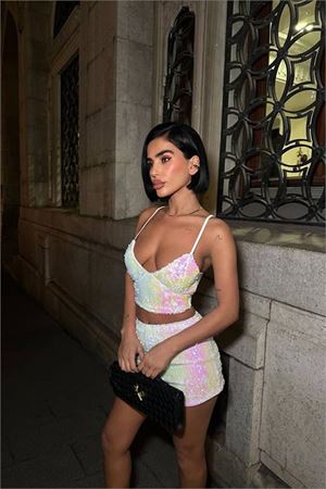 Neşeli butik kadın pulpayet askılı crop şort ikili takım NBDF168
