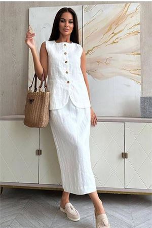 Neşeli butik kadın keten etek yelek alt üst ikili takım NBEMP1072
