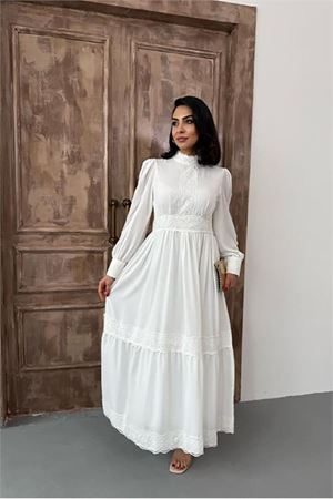 Neşeli butik kadın krep kumaş dantel detaylı astarlı elbise NBMS2533