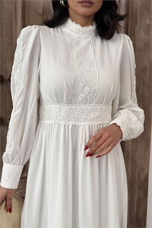 Neşeli butik kadın krep kumaş dantel detaylı astarlı elbise NBMS2533