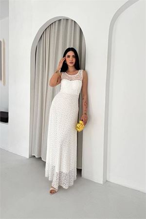 Neşeli butik kadın beyaz transparan detaylı tam boy astarlı dantel elbise --- NBK4619