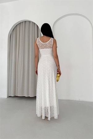 Neşeli butik kadın beyaz transparan detaylı tam boy astarlı dantel elbise --- NBK4619