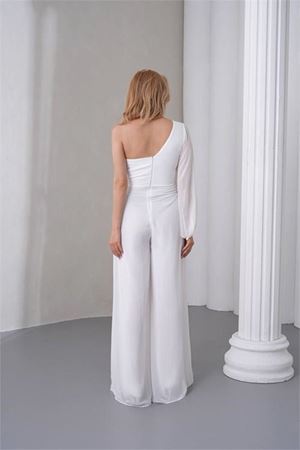 Neşeli butik kadın beyaz tek kol astarlı tül kumaş tasarım abiye tulum NBS9389
