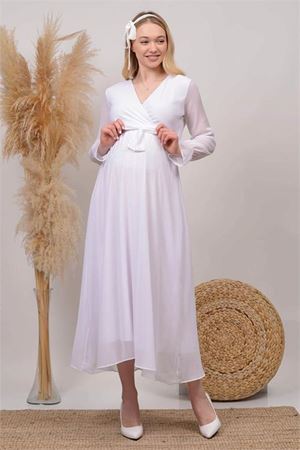 Neşeli butik kadın beyaz kruvaze yaka baby shower şifon hamile elbise HML003