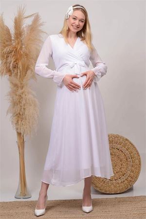 Neşeli butik kadın beyaz kruvaze yaka baby shower şifon hamile elbise HML003