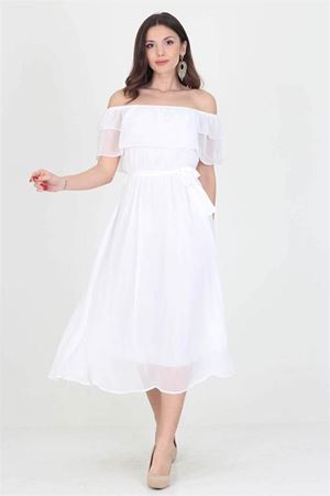 Neşeli butik kadın yeni sezon madonna yaka bağlama detaylı şifon elbise RY8060