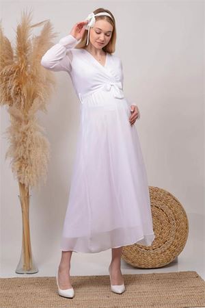 Neşeli butik kadın beyaz kruvaze yaka baby shower şifon hamile elbise HML003