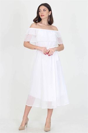 Neşeli butik kadın yeni sezon madonna yaka bağlama detaylı şifon elbise RY8060