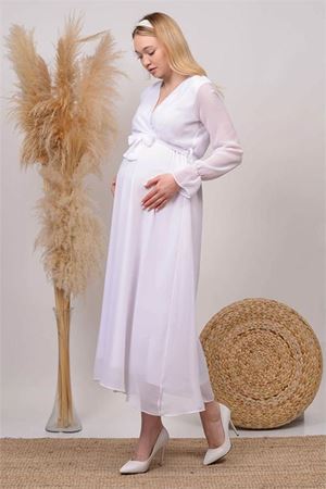 Neşeli butik kadın beyaz kruvaze yaka baby shower şifon hamile elbise HML003