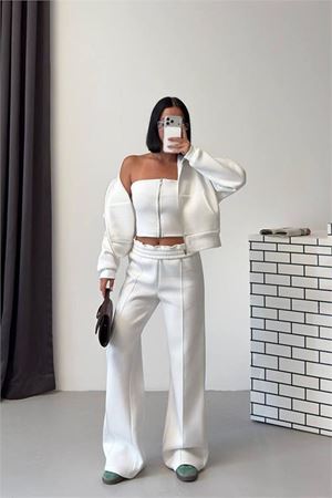 Neşeli butik kadın beyaz fermuarlı 3 iplik şardonlu üçlü yeni sezon eşofman takımı NBG6372