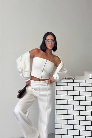Neşeli butik kadın beyaz fermuarlı 3 iplik şardonlu üçlü yeni sezon eşofman takımı NBG6372