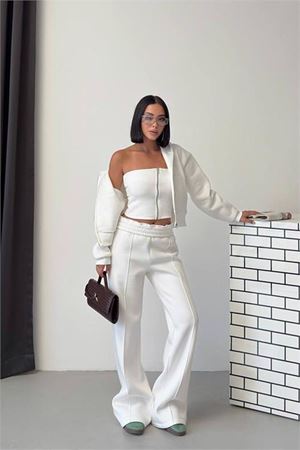 Neşeli butik kadın beyaz fermuarlı 3 iplik şardonlu üçlü yeni sezon eşofman takımı NBG6372