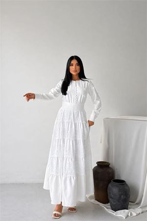 Neşeli butik kadın beyaz düğmeli atlas kumaş dantel detaylı tasarım elbise --- NBMS2626