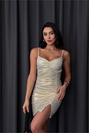 Neşeli butik kadın ip askılı mini yırtmaçlı elbise NBDF007