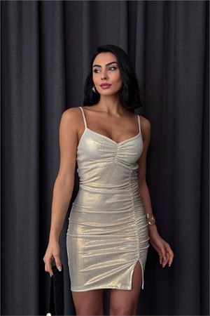 Neşeli butik kadın ip askılı mini yırtmaçlı elbise NBDF007