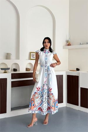 Neşeli butik kadın beyaz dik yaka desenli kolsuz kuşaklı tam boy tasarım elbise NBMS2571