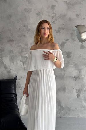 Neşeli butik kadın madonna yaka piliseli şifon elbise NBK2099