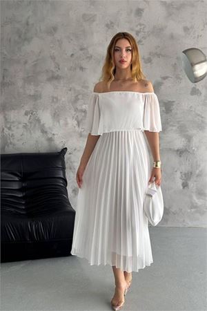 Neşeli butik kadın madonna yaka piliseli şifon elbise NBK2099