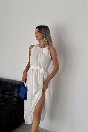 Neşeli butik kadın gül broş detaylı uzun şifon elbise NBK2144
