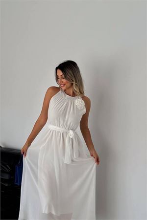 Neşeli butik kadın gül broş detaylı uzun şifon elbise NBK2144