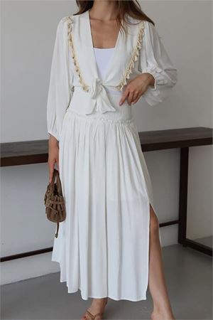 Neşeli butik kadın püskül detaylı yırtmaçlı bohem takım NBNP015
