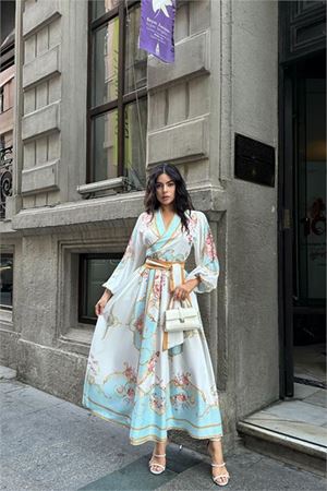 Neşeli butik kadın kuşaklı midi boy desenli elbise NBMS42149