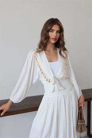 Neşeli butik kadın püskül detaylı yırtmaçlı bohem takım NBNP015
