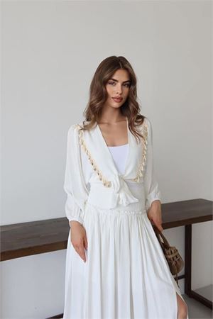 Neşeli butik kadın püskül detaylı yırtmaçlı bohem takım NBNP015